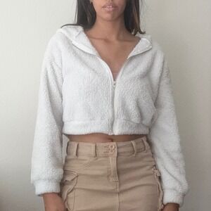 White Fuzzy Cropped‎ Hoodie Full Zip Up Sweatshirt Jacket - Size M
